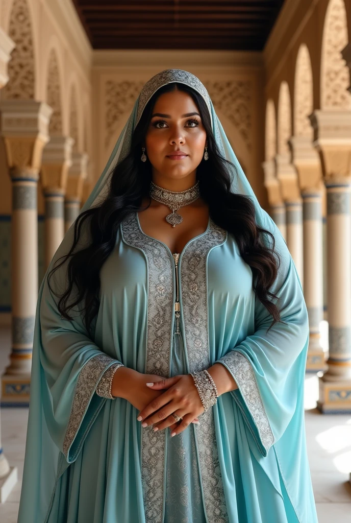 portrait of a plump woman inside the Alhambra with very very long black hair, crowned with a medieval Arabic headdress with an orange veil, pastel blue abaya with silver Arabic embroidery, silver jewelry, Al-Andalus era, ethereal atmosphere.