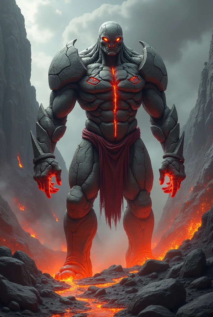 Create an image of a race of rockmen known as Vulkans. They have rocky bodies that vary in shades of gray., black and red, reflecting the lava and magma of the volcanic regions where they live. They have skin with layers of hardened rock and fissures that emit an incandescent glow., similar to erupting lava.