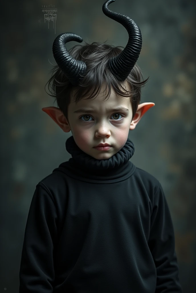 A young boy with horns and a black collar around his neck, he wears black pants too 
