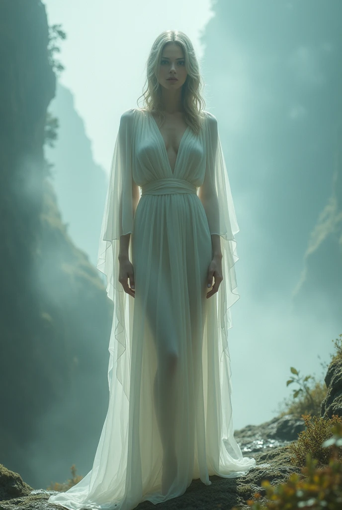 woman standing in transparent clothes