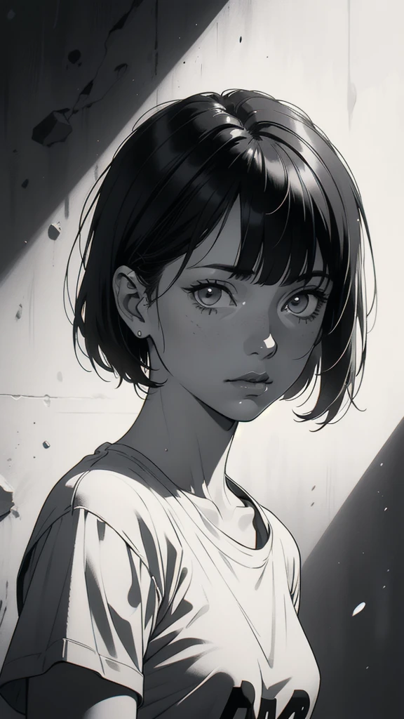 1 boyish girl, solo, sharp eyes, expressionless, monochrome, greyscale, short black hair, portrait, white T-shirt, closed mouth, looking at viewer, graphite \(medium\), detailed lips, hatching \(texture\), without makeup, bangs, upper body, (best illustration), (best quality), (very detailed), (masterpiece), expressionless,