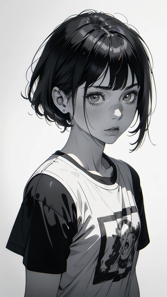 1 boyish girl, solo, sharp eyes, expressionless, monochrome, greyscale, short black hair, portrait, white T-shirt, closed mouth, looking at viewer, graphite \(medium\), detailed lips, hatching \(texture\), without makeup, bangs, upper body, (best illustration), (best quality), (very detailed), (masterpiece), expressionless,
