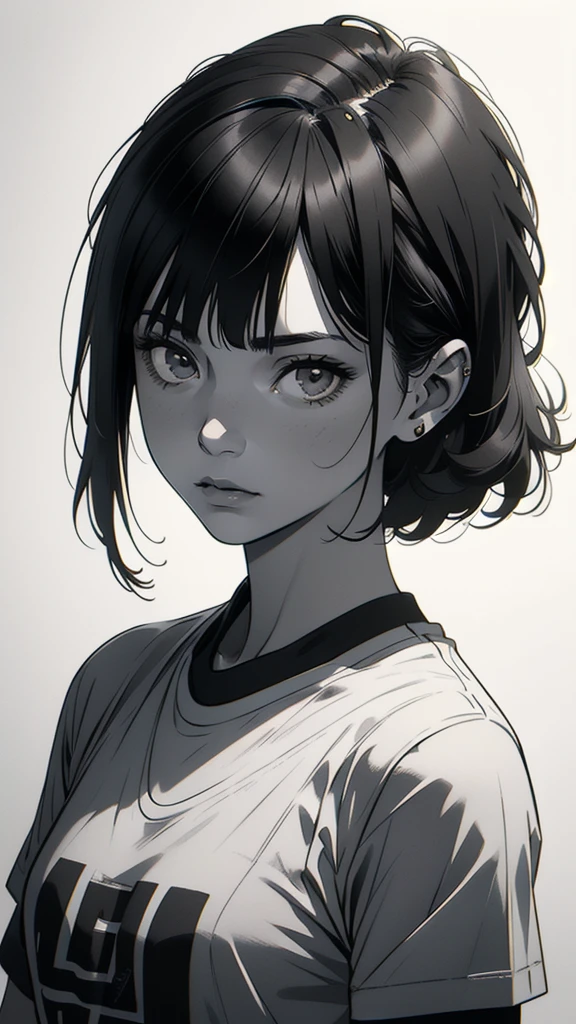 1 boyish girl, solo, sharp eyes, expressionless, monochrome, greyscale, short black hair, portrait, white T-shirt, closed mouth, looking at viewer, graphite \(medium\), detailed lips, hatching \(texture\), without makeup, bangs, upper body, (best illustration), (best quality), (very detailed), (masterpiece), expressionless,