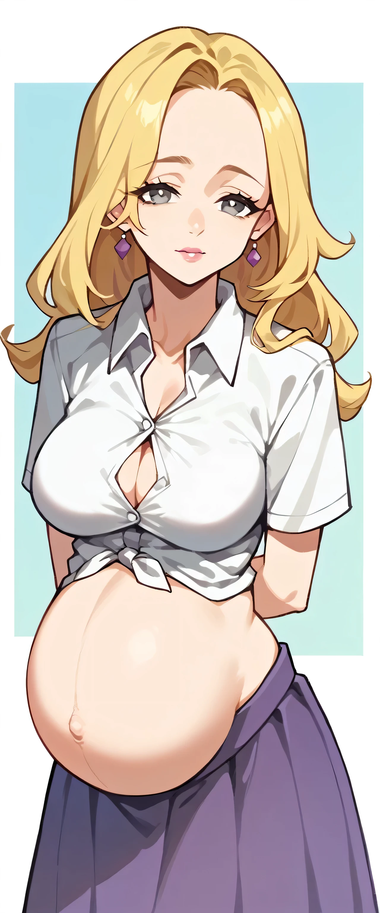 A tall girl with big breasts, beautiful, long yellow hair, her gray eyes, pink lips, wears a white button-down shirt tied with a knot, showing her breasts, showing her belly, and a long purple skirt, pregnant.