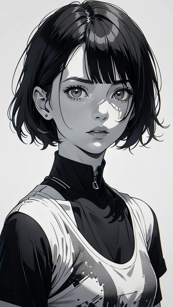 1 boyish girl, solo, sharp eyes, expressionless, monochrome, greyscale, short black hair, portrait, white T-shirt, closed mouth, looking at viewer, graphite \(medium\), detailed lips, hatching \(texture\), without makeup, bangs, upper body, (best illustration), (best quality), (very detailed), (masterpiece), expressionless,