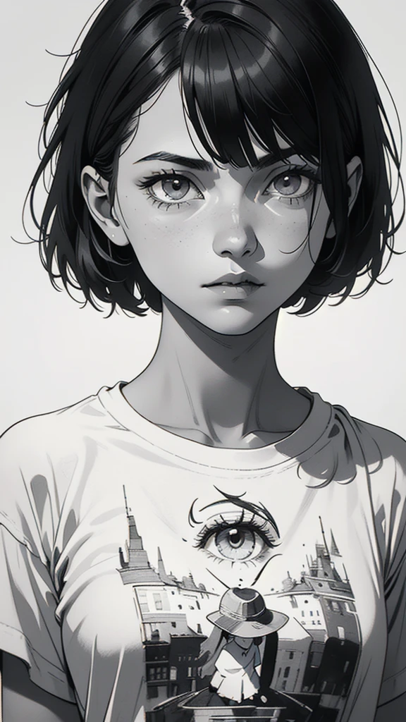 1 boyish girl, solo, sharp eyes, expressionless, monochrome, greyscale, short black hair, portrait, white T-shirt, closed mouth, looking at viewer, graphite \(medium\), detailed lips, hatching \(texture\), without makeup, bangs, upper body, (best illustration), (best quality), (very detailed), (masterpiece), expressionless,