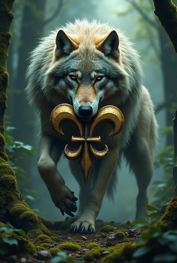 Create me a Siberian wolf Tender Taking a bite out of the fleur-de-lis logo and making its background like a forest instead of white