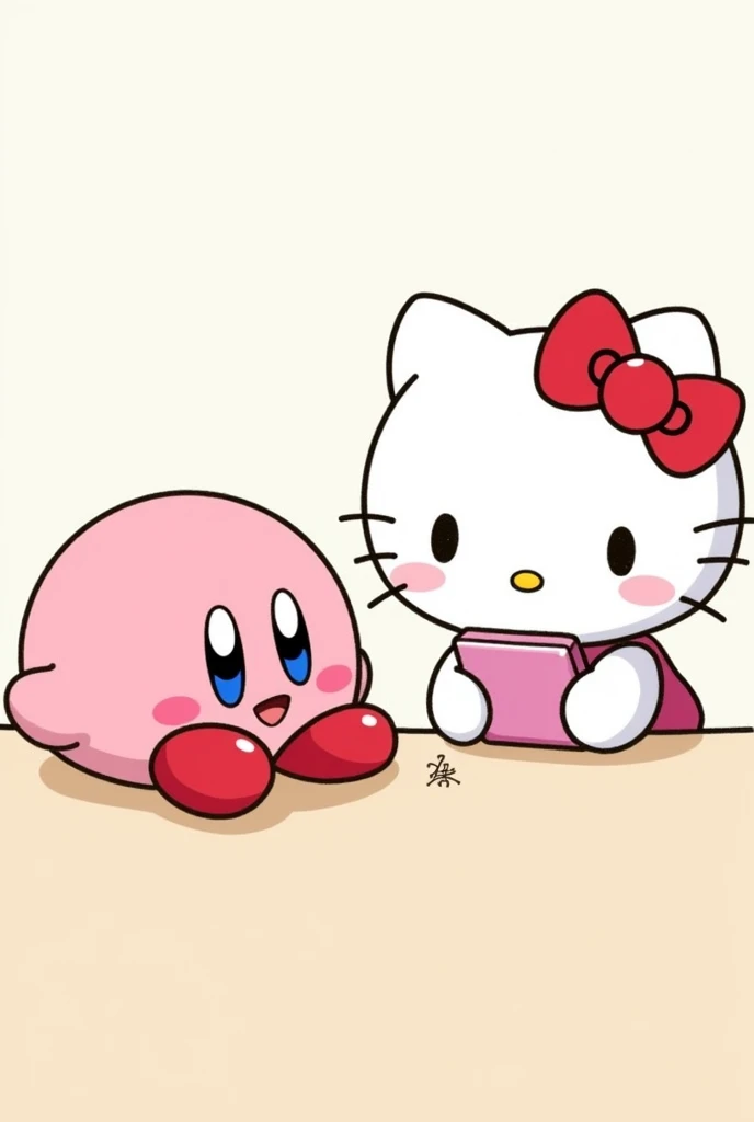 Kirby taliking with hellokitty with his phone on a table