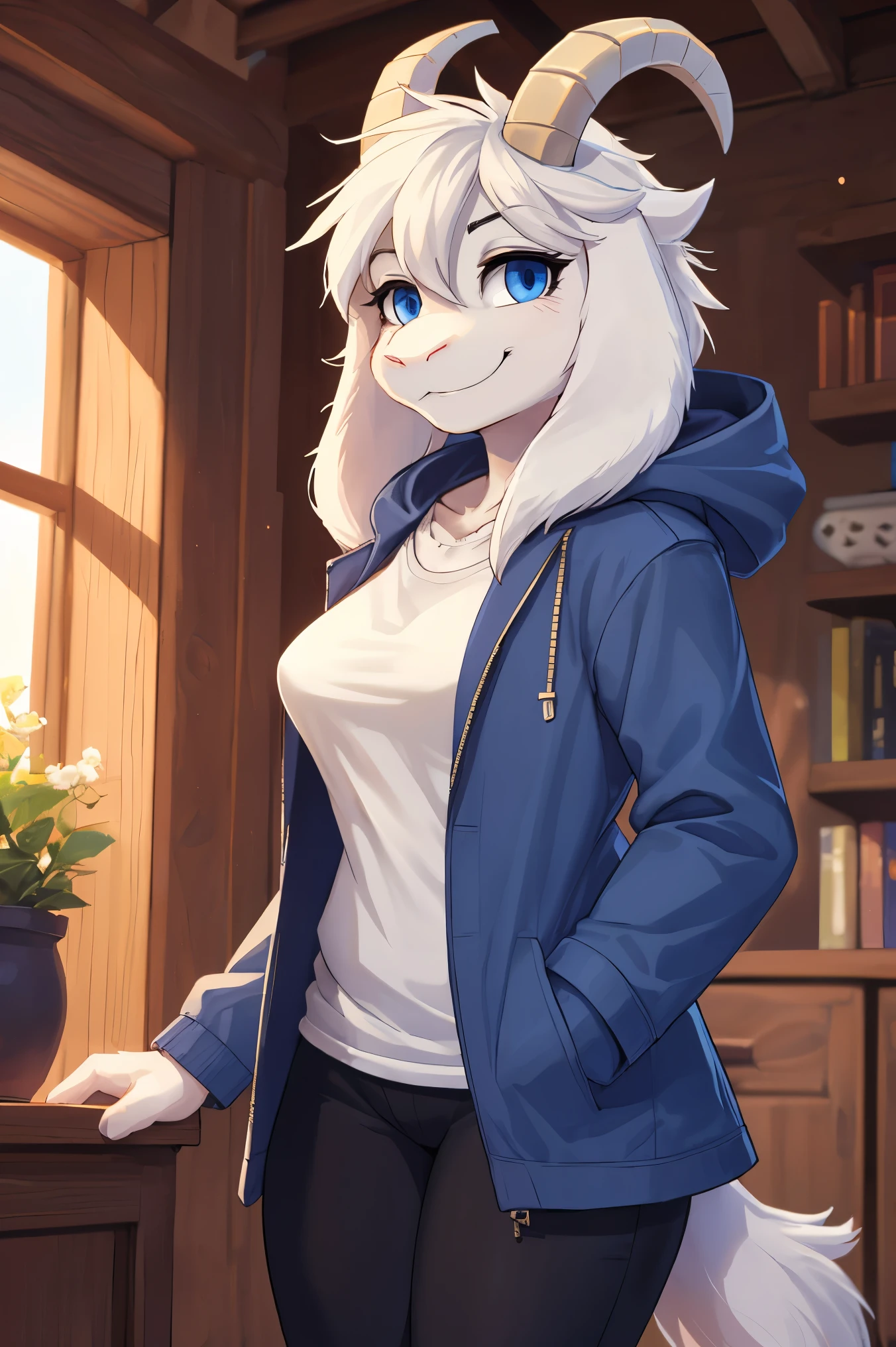 woman, teenager, alone, in a house, hairy, goat, anthropomorphic goat, Asriel, Undertale ((Asriel Dreemurr)), average breasts, big ass, average hips, perfect body, tall, ((long hair, long white hair) ), blue eyes, anthropomorphic face, cartoon, smile, Eskimo coat (blue coat, no drawing), Eskimo coat, metacarpal paw, (black t-shirt, black pants), goat tail, short horns, white horns ((ears droopy, big ears)), looking at the viewer, goat paw, anthropo paw, detailed, better quality, better detail, details and quality.