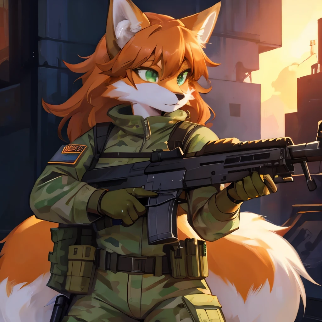 Best Quality, better resolution, Furry fox girl, muscular,light orange fur, green eyes,with tactical military clothing, wielding an uzi.