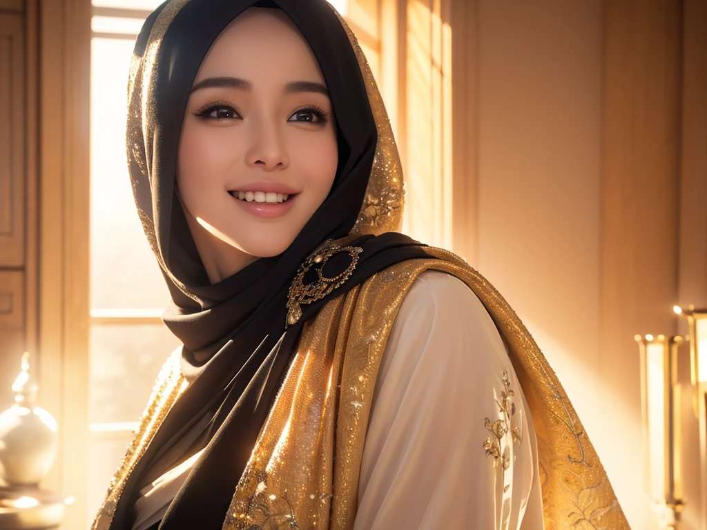 1girl, gorgeous Indonesian woman, silk abaya, hijab, smiling, shy, opened mouth, visible teeth, hot mom, full body portrait, (best quality,4k,8k,highres,masterpiece:1.2),ultra-detailed,(realistic,photorealistic,photo-realistic:1.37),HDR,UHD,studio lighting,ultra-fine painting,sharp focus,physically-based rendering,extreme detail description,professional,vivid colors,bokeh,portraits,warm color tones,dramatic lighting