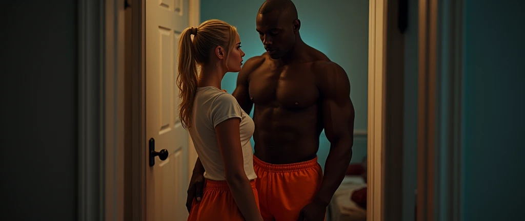 (Photorealsitic:1.4), (masterpiece:1.3), (top-quality:1.4), ((ultrarealistic)), HD 8k, (Sharp focus: 1.2), (Focus on the face:1.4), well proportioned full body of Beth (3 blonde woman) and Jackson (3 muscular and much taller black man),
Beth innicent and shy sexy woman, shoulder-length blonde silky hainer hair in a ponytail, extremely beautiful, deep blue eyes, angelical face),
Jackson dangerous and over muscular black man, bald,
Beth is wearing a thin t-shirt and a long skirt with sneakers,
Jackson is wearing orange prison uniform, chest and back exposed showing his muscles, JAckson much taller than Beth,
(bedroom intimately lit at night),
Beth standing in front of the closet mirror, Jackson behind her taking her by the waist, completely reflecting their bodies in the closet mirror, extremely detailed bodies and faces, extremely atmosphere of erotic anticipation, he is much taller than her.