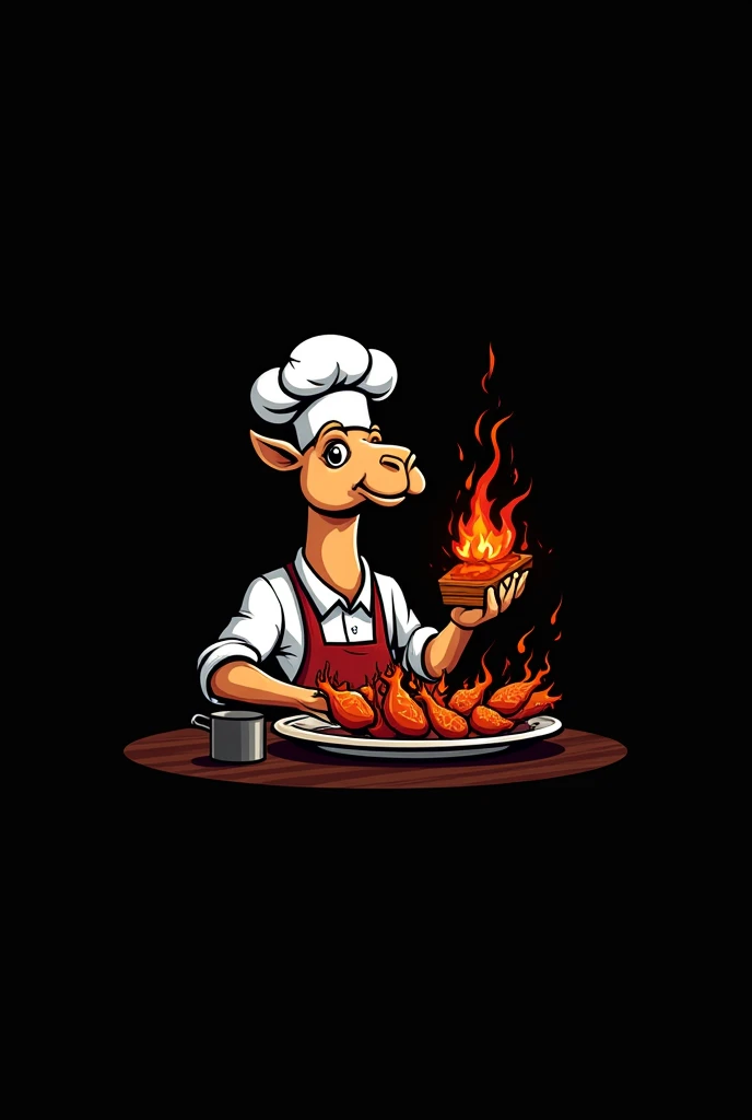 EYE-CATCHING CAMEL CHEFF LOGO WITH BLACK BACKGROUND PREPARING BBQ WINGS