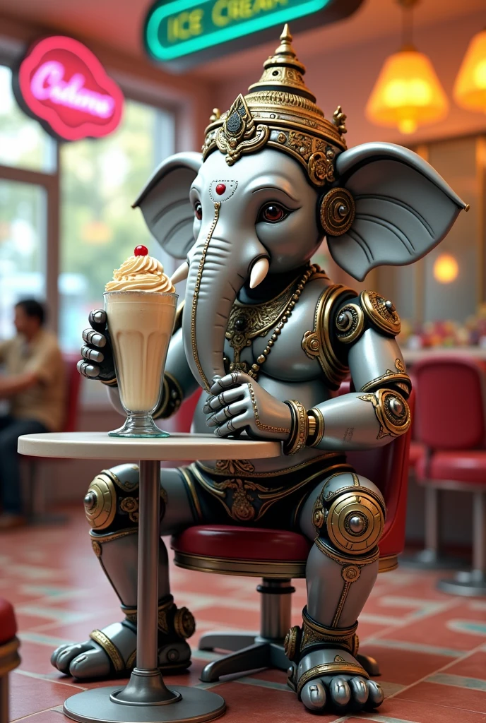 Lord Ganesha in the form of robot and drinking milk shake with ice cream in the ice cream parlor