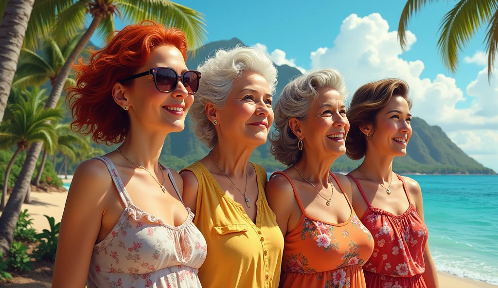 (the four tourists ), mature women (one a red head, the second elderly mother, the third Asian friend, and the 4th is a brunette daughter), posing in Hawaii, masterpiece, hyperdetailed painting, ((4girls))..
