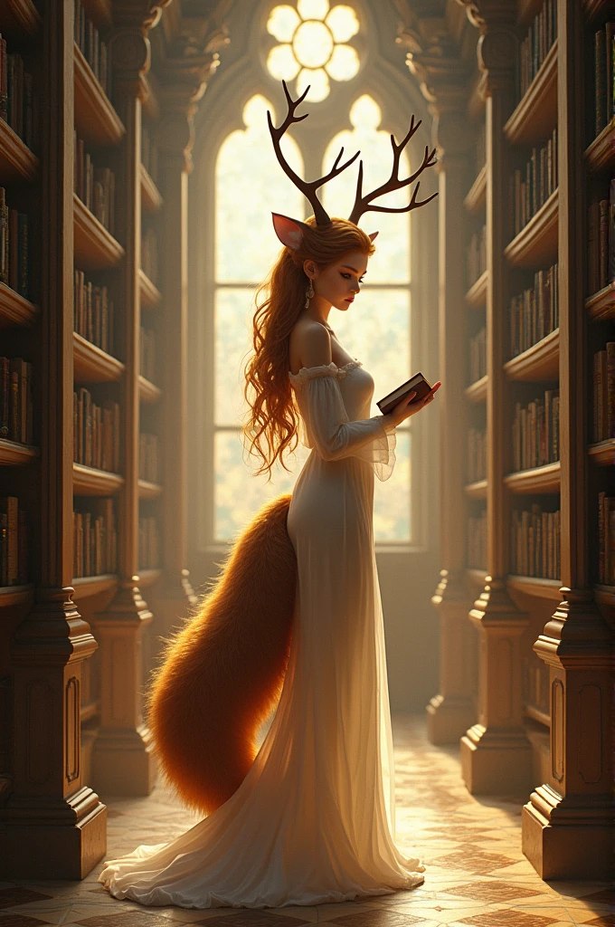 A deer horned girl who is fox tailed and is a librarian 