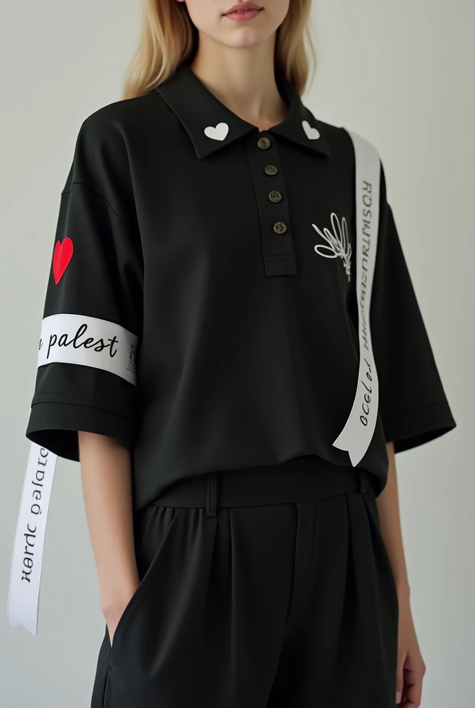 A black polo shirt with a ribbon attached writing Palest in white giving or in peace color and P with a heart on the right collar with a small red heart small on the left sleeve like the stone island on the sleeve falling on the left arm the ribbon I want it to surround the sleeve of the left arm and that inside it is written palest