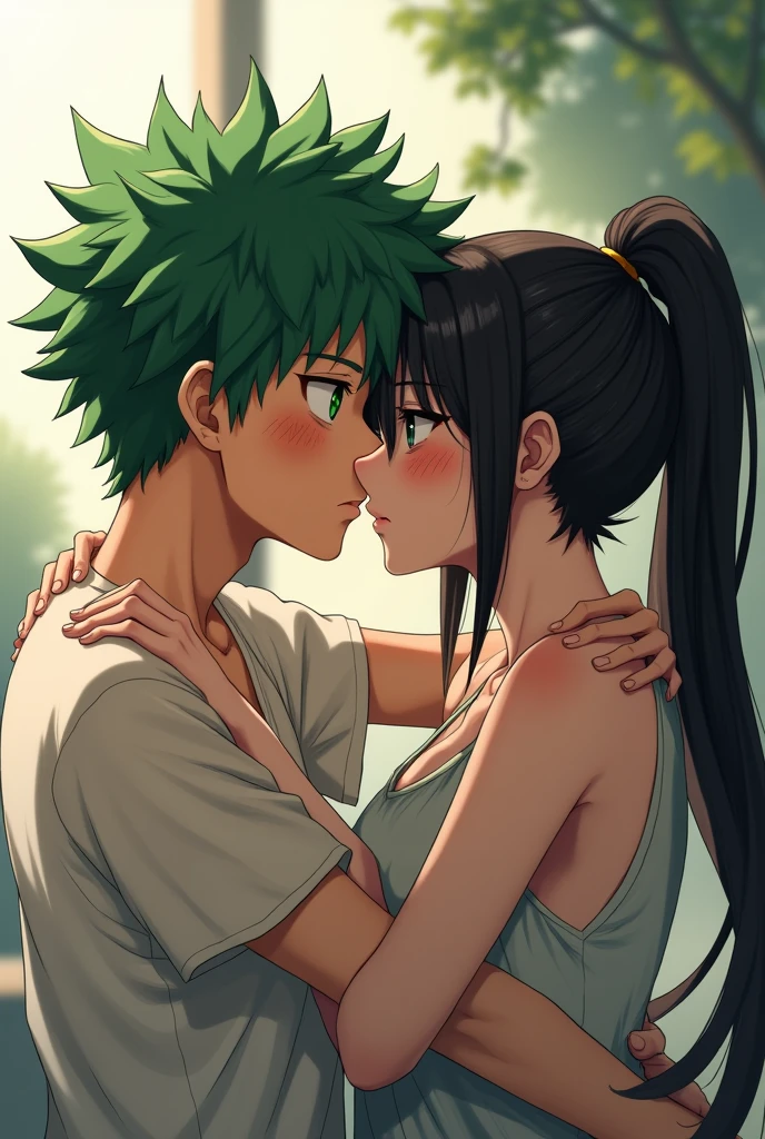 Izuku Midoriya, green fur, with four freckles on each cheek, green eyes, messy hair, stomach 1.66, kissing Momo Yaoyorozu on the mouth, black fur, black eyes, ponytail hair, with bangs covering part of his right eye, does not have animal ears.
And they are human agers