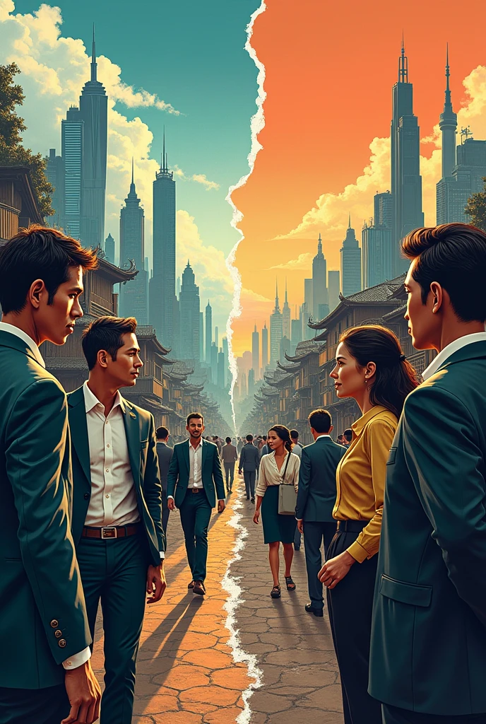 "Contrast of Wealth: A powerful thumbnail showcasing a split scene—one side depicting a bustling cityscape men with luxury and opulence, while the other side reveals, village area with struggling men individuals. Use striking colors and expressive faces to emphasize the disparity between the two worlds."