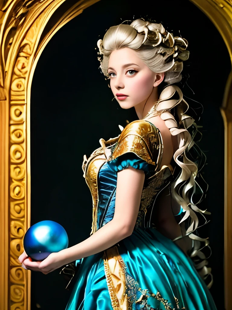 a woman in a blue dress holding a glass ball, a detailed painting inspired by Arthur Hughes, flickr, pre-raphaelitism, medieval princess, beautiful costume, very beautiful elven top model, pre - raphaelites style, medieval dress. witch, fantasy style clothing, intricate costume design, as a medieval fantasy character, beautiful elven princess, renaissance colorful dress