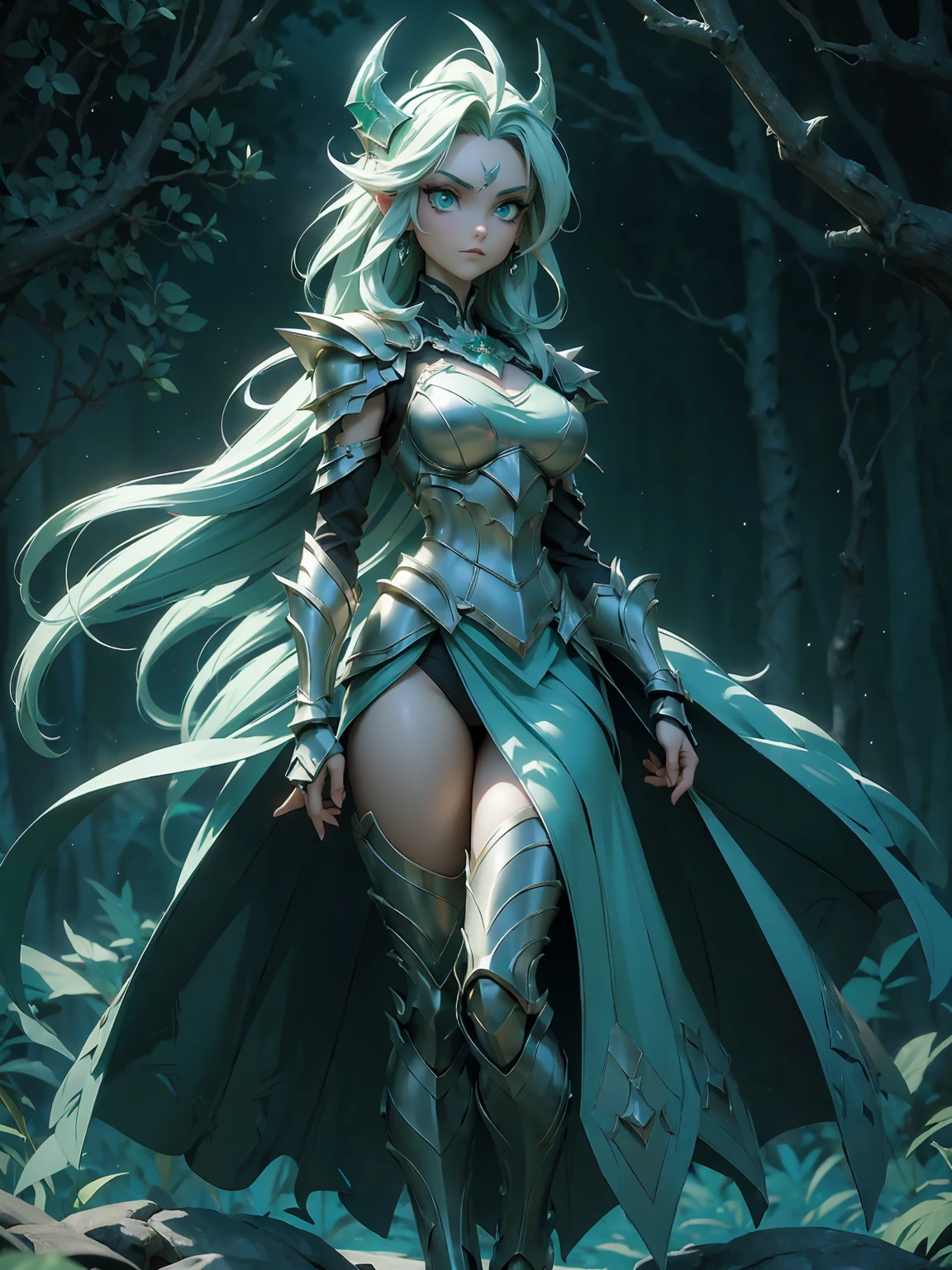 (((masterpiece, best quality, 8k))), fierce female knight, (full-body), emerald dragon scale armor, shimmering green glow, short spiky white hair, strands framing a sharp face, intense emerald eyes, smirk of confidence, walking through a dark enchanted forest, bioluminescent flora, dragons lurking in the misty canopy, magical energy crackling around her, (mystical lighting, high contrast)