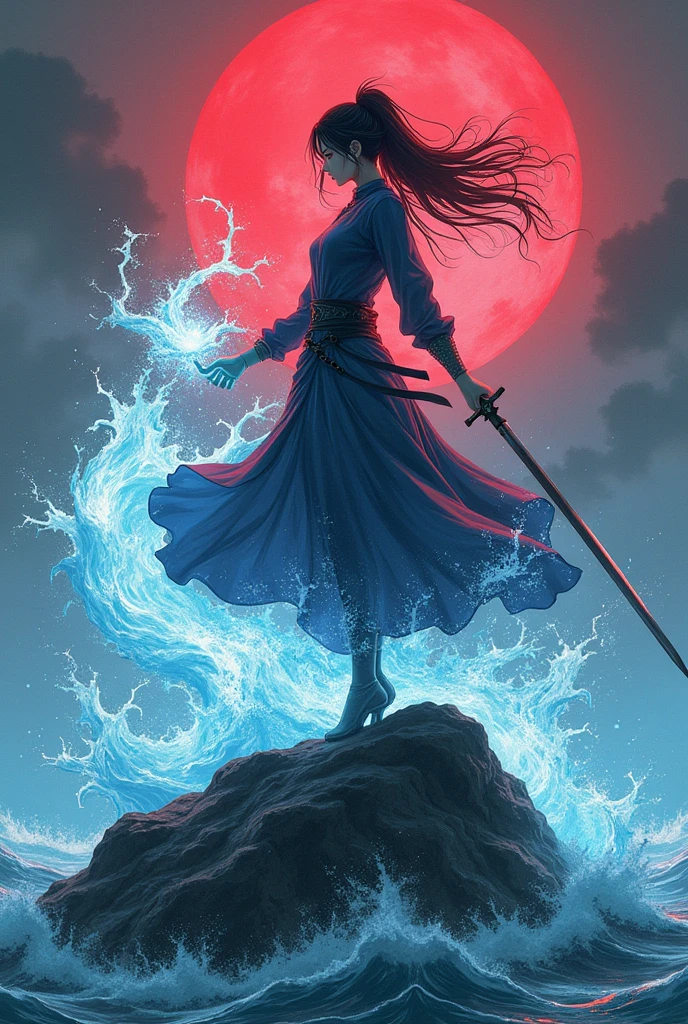a woman standing on top of a rock, her sword leaves a wave of water, photo by , Rurouni Kenshin, red blue color palette, rippling water, gunshot, magic art flowing from hands, rippling liquid, tpose, nanquan , half face in water , protagonist, Muichiro Tokito , ability image, ((ai art queen god))