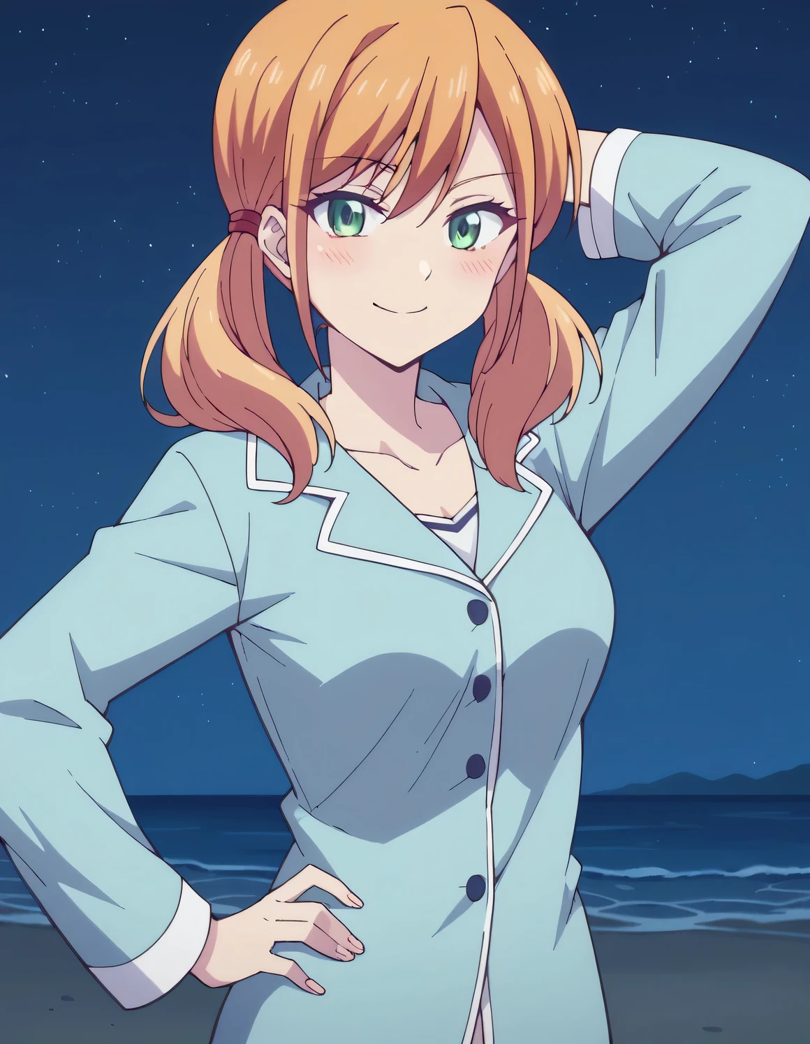 riho tsukishima, long hair, bangs, twintails, green eyes, low twintails, collarbone, white shirt, pajamas, high quality, solo, blushing, night sky, beach, arm behind head, hand on hip, medium breast, contrapposto, closed mouth, spread armpits, cowboy shot, looking at viewer, smile, best quality,