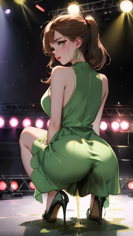 High resolution, Beautiful woman, Attention to detail, Good lighting, Obscene, conversion, ((hippie retro dress)), ((Red high heels)), Put your hands behind your head、Bare thighs, Bare arms, (((Be incontinent))), (Pee), Peeの染み, (puddle), Thick thighs, Nice long legs, lipstick, Detailed face, Cute Face, Embarrassed and blushing face, Humiliated, ((On the disco stage)), (Squat), (Rear View),Stick your butt out，Open your knees