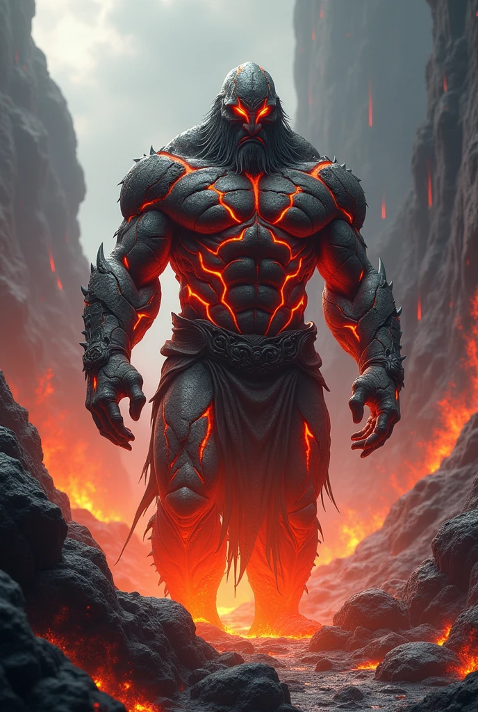 Create an image of a race of rockmen known as Vulkans. They have rocky bodies that vary in shades of gray., black and red, reflecting the lava and magma of the volcanic regions where they live. They have skin with layers of hardened rock and fissures that emit an incandescent glow., similar to erupting lava. Less muscles and more rocks.