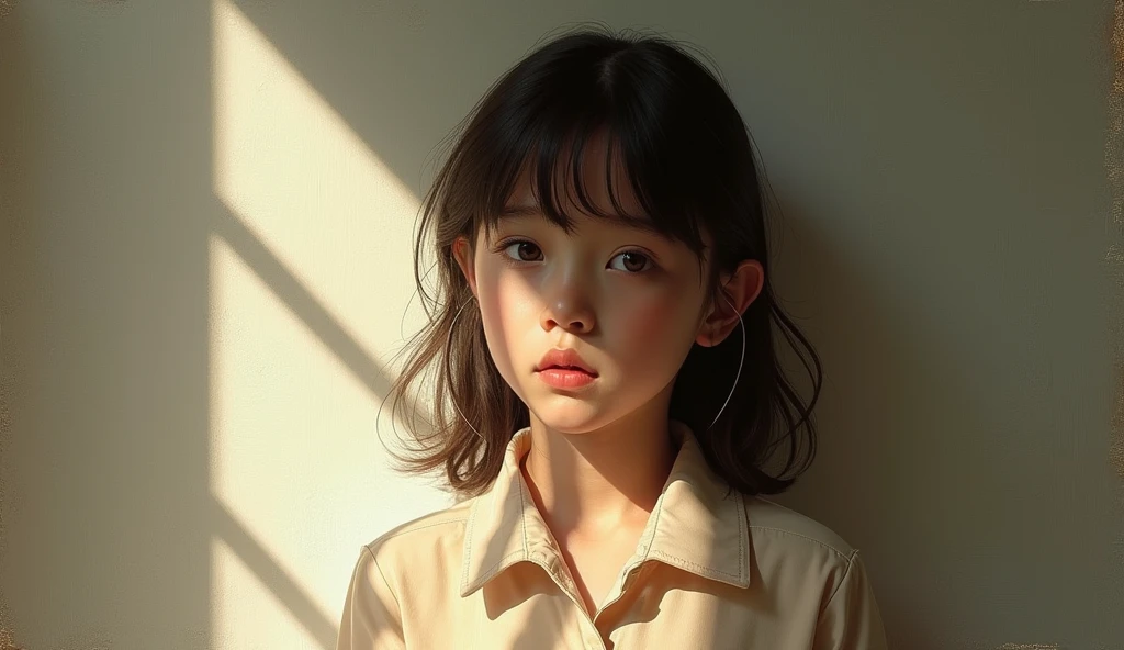painting,1 Girl,Solitary, Sunlight, Collared shirt, Upper Body,