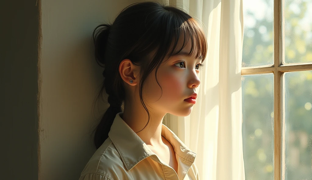 painting,1 Girl,Solitary, Sunlight, Collared shirt, Upper Body,