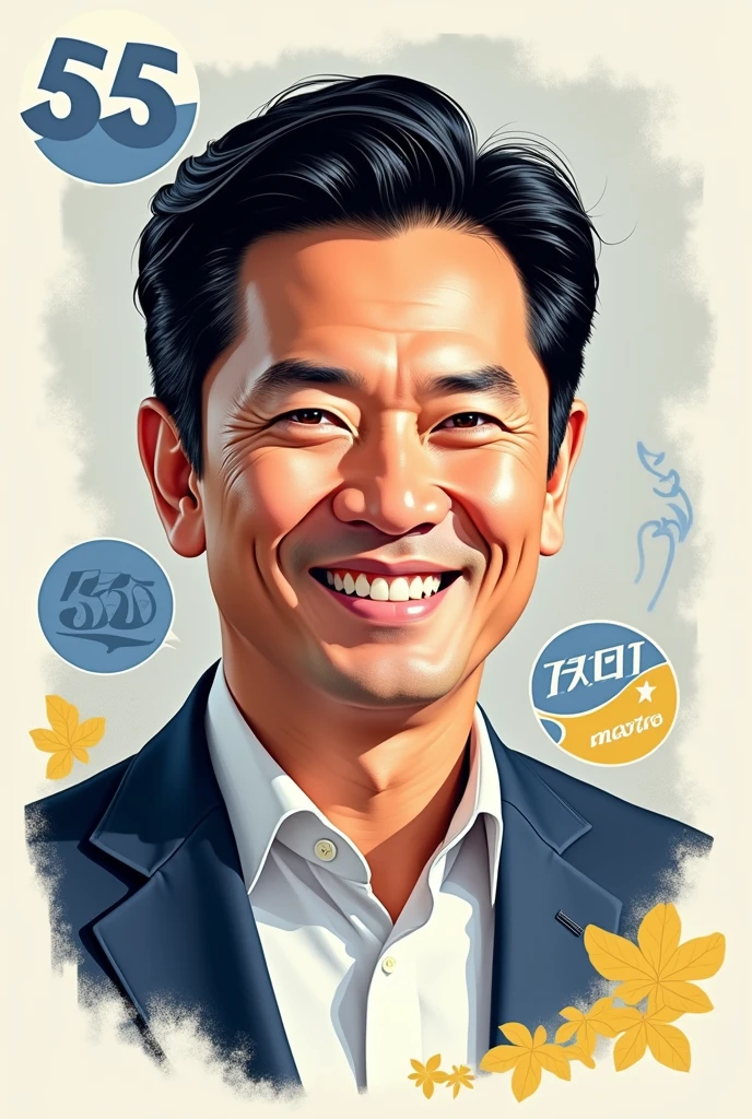 A drawing of a male mayoral candidate, black hair, where your campaign colors are blue and yellow and your number is 55