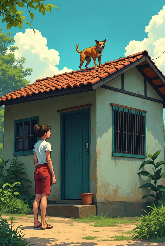 Woman looking at the roof of her house, a stray dog is on the high roof, trying to get down. Simple house in Brazil. manga style. Teto teto.
