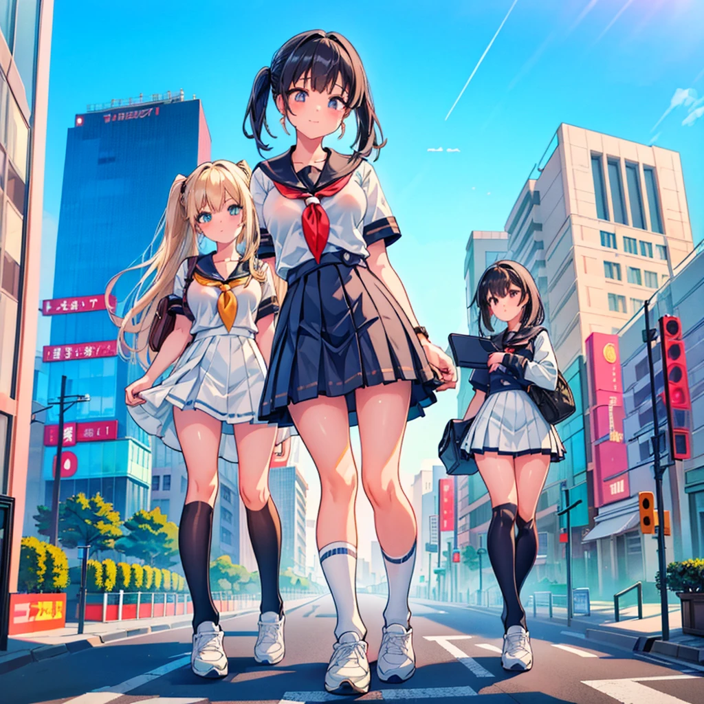  ((Two giant high school girls standing on the road) ) Composition seen from below, true sunset, sunset, evening, masterpiece Anime style Delicate painting 4K 90's Huge Multiple crowd Crowd in a big city Lots of people ) (( Sailor Uniform)) ((School Uniform)) ((Big City)), ((Tokyo Akihabara Electric Town)), Big Breasts, High School Girl, Transparent Costume, Sweaty, Splashes, Sneakers, Watch, Black Hair, Smile, Female Titan Giant Girl Full Body Crowd Unreal Engine, Cleavage, Image, Earrings, Cute Photo, Beauty, Analog Style, Full Body, Sneakers, GTS, Giant Female Giant, Building Valley Girl, Skyscraper City, Big City, GTS , Giant Female Titan,