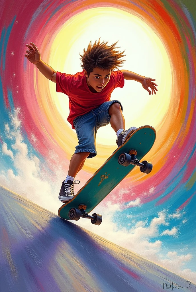 Make me a hyperrealistic caricature drawn with a pencil on paper,of a skateboarding doing flip in wormhole camera angle and with good colors and aesthetics.exaggerate the cartoon and do it pinterest style.full body please.do it in 23k hyperrealistic now but leave the drawing style.and make it rubbery.,the body and pinterest of course.