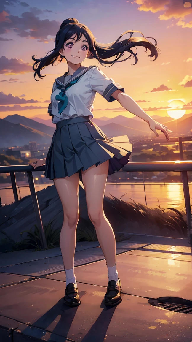 kanan matsuura, blue hair, long hair, ponytail, (purple eyes:1.1), sidelocks, aqua neckerchief, grey sailor collar, grey skirt, miniskirt, neckerchief, pleated skirt, sailor collar, sailor shirt, school uniform, serafuku, shirt, skirt, summer uniform, uranohoshi school uniform, white shirt,----------(8K, raw, highest quality, real 1.2), ultra high quality, high resolution, highest quality, perfect face, perfect limbs , perfect fingers, high resolution, (beautiful anime face, cute face, detailed face), smile of joy, smiling expression, one woman, alone, , low angle, (((full body view from a distance: 1.5))), (((lower angle view: 1.5))),, comfortable hair blowing in the wind, (((short skirt blowing in the wind: 1.5))), (((smiling with head down: 1.5))), smiling, mouth closed, brown single braid, blushing, evening, (((Sunset sky background: 1.5))), (((Beautiful sunset sky: 1.5))), (((Large sunset: 1.5))), (((Landscape from the top of a high mountain: 1.5))),--(((Medium bust 1.3))), (((Thin thighs 1.3))), Perfect anatomy, perfect proportions, nice lighting, bright colors, clean lines, information, blurred, stunning facial expression, restless emotions, gorgeous and cute, beautiful face and eyes with every detail, (masterpiece) beautiful face, young and handsome girl, really perfect skin, blurred, facial expression, restless emotions, gorgeous and cute, beautiful face and eyes with every detail, (Audrey Hepburn), (cute), (J-POP idol), (thighs, (depth of field), (depth of field), soft light, glittering lens gaze, (droopy eyes), straight teeth, shy smile, flowing hair, a scene from Blake's break--