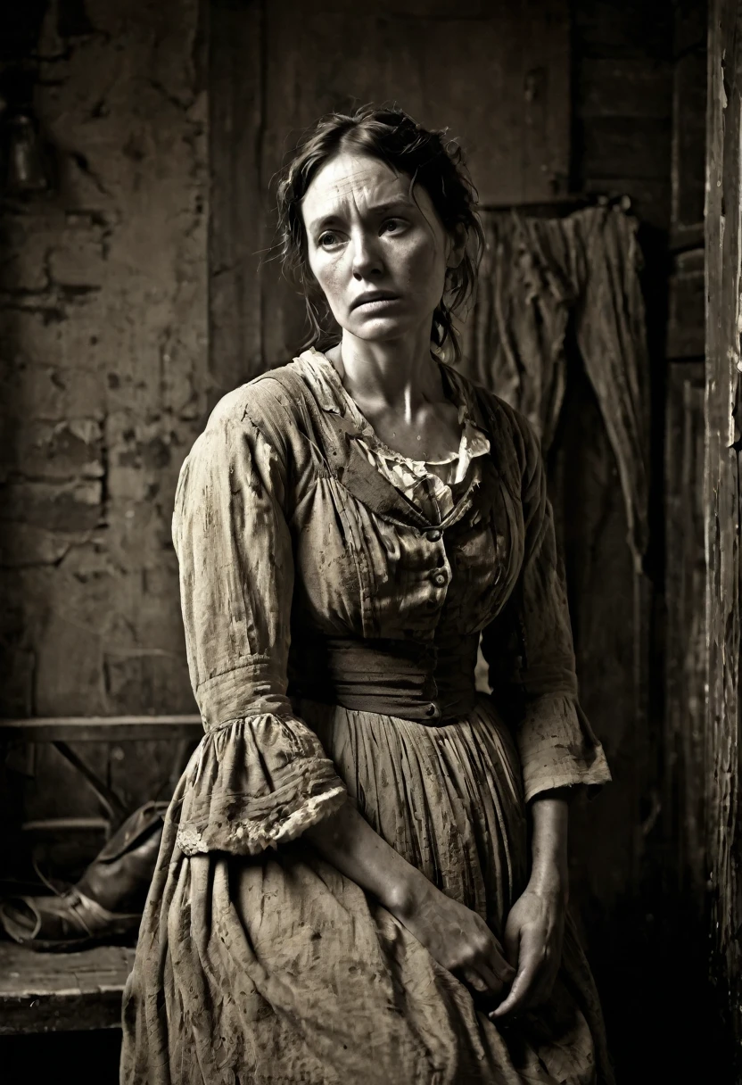 a weary-looking woman in a tattered dress,1850s America,gold rush era,dirty face,worn clothing,monochrome,vintage,heavy shadows,gritty,desolate,atmospheric lighting,cinematic composition,dramatic chiaroscuro,evocative mood,weathered features,forlorn expression,solitude,hardship,resilience,sepia tones,muted colors,painterly aesthetic,timeless quality,environmental storytelling,rugged landscape,riverbank setting