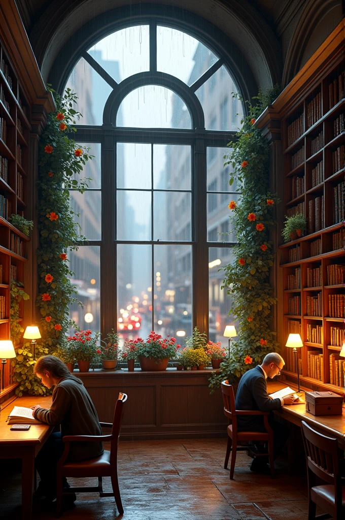 A charming library on a rainy day New York style with flowers