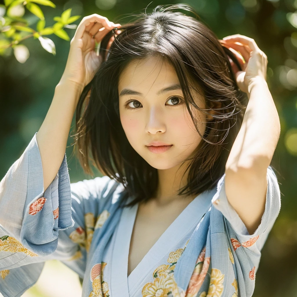 A hyper-realistic image of a single Japanese woman in her early 20s, captured with the nostalgic warmth and subtle graininess of a film camera. She is wearing a traditional Japanese yukata with an elegant, classic design featuring delicate floral patterns and a subdued color palette, such as indigo blue with white or soft pastel shades. The yukata is paired with a neatly tied obi in a complementary color, enhancing her refined and graceful appearance. Her skin has a warm beige tone with a natural, slightly rough texture that includes visible pores, fine lines, and subtle imperfections such as small blemishes, enhancing the authenticity of her look. The soft, diffused natural light, reminiscent of a summer afternoon, casts gentle shadows that create a warm, organic feel. Her straight, glossy black hair is styled in a traditional, slightly tousled manner, softly framing her face, and her deep brown eyes reflect the ambient light, adding depth and emotion. A subtle summer breeze lightly tousles her hair, adding a dynamic, seasonal touch. In the background, hints of summer elements like soft green leaves or a glimpse of distant lanterns evoke a serene festival atmosphere. The film camera effect introduces a slight grain and a softer focus, giving the image a warm, nostalgic atmosphere while maintaining the realistic texture of her skin. The composition captures the essence of summer, with the yukata and ambient details creating a serene, understated elegance that reflects the tranquility and beauty of Japanese summer.
