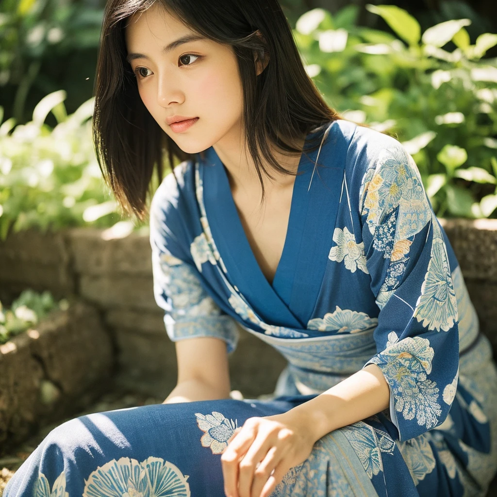 A hyper-realistic image of a single Japanese woman in her early 20s, captured with the nostalgic warmth and subtle graininess of a film camera. She is wearing a traditional Japanese yukata with an elegant, classic design featuring delicate floral patterns and a subdued color palette, such as indigo blue with white or soft pastel shades. The yukata is paired with a neatly tied obi in a complementary color, enhancing her refined and graceful appearance. Her skin has a warm beige tone with a natural, slightly rough texture that includes visible pores, fine lines, and subtle imperfections such as small blemishes, enhancing the authenticity of her look. The soft, diffused natural light, reminiscent of a summer afternoon, casts gentle shadows that create a warm, organic feel. Her straight, glossy black hair is styled in a traditional, slightly tousled manner, softly framing her face, and her deep brown eyes reflect the ambient light, adding depth and emotion. A subtle summer breeze lightly tousles her hair, adding a dynamic, seasonal touch. In the background, hints of summer elements like soft green leaves or a glimpse of distant lanterns evoke a serene festival atmosphere. The film camera effect introduces a slight grain and a softer focus, giving the image a warm, nostalgic atmosphere while maintaining the realistic texture of her skin. The composition captures the essence of summer, with the yukata and ambient details creating a serene, understated elegance that reflects the tranquility and beauty of Japanese summer.