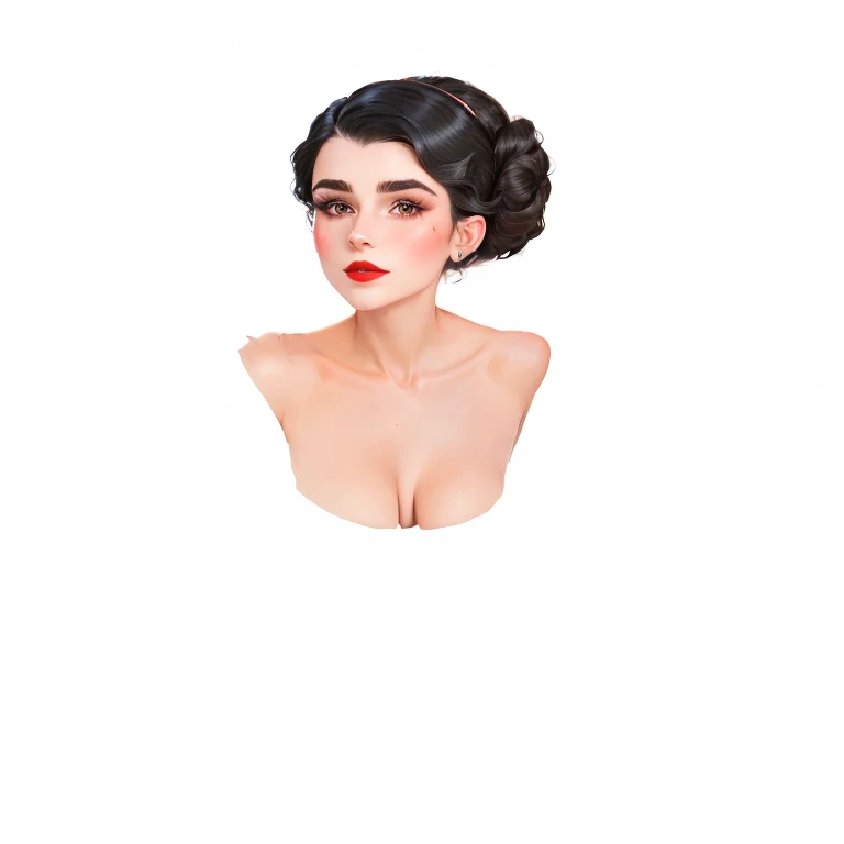 there is a woman with a red lipstick and a bun in her hair, up face with 1 9 2 0 s hairstyle, woman with black hair, head and shoulders view, face and shoulders, upper body portrait, female face and bust, head and upper body portrait, half-turned lady in evening gown, bust with a beautiful neck, bust with face of emma watson