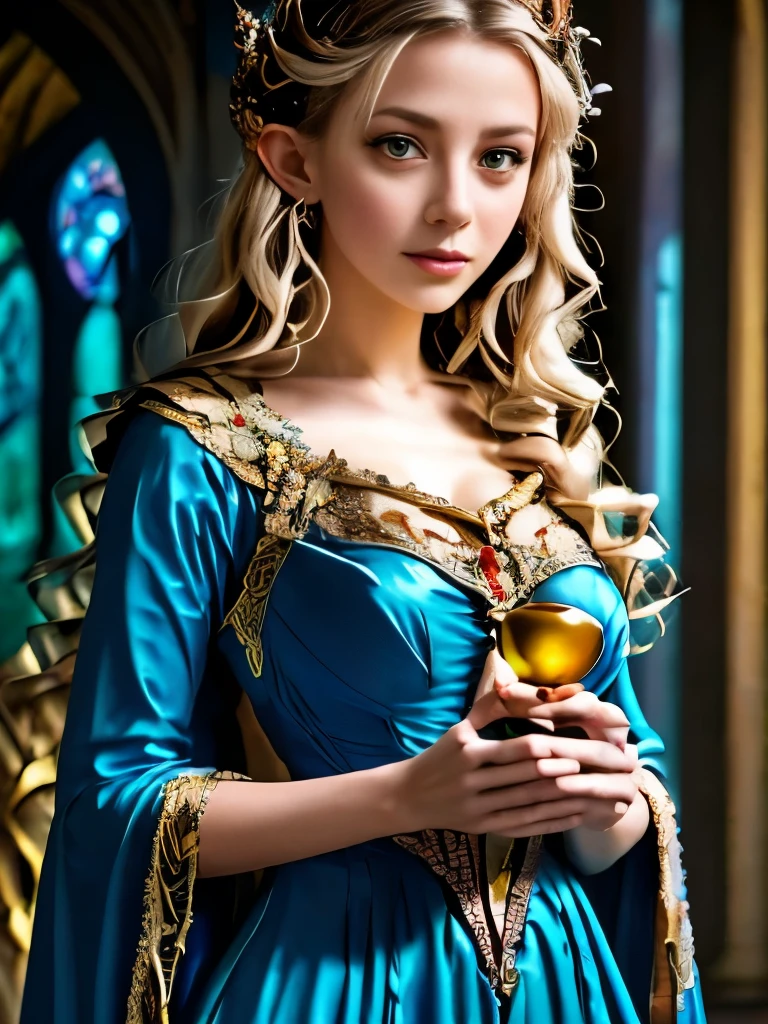 a woman in a blue dress holding a glass ball, a detailed painting inspired by Arthur Hughes, flickr, pre-raphaelitism, medieval princess, beautiful costume, very beautiful elven top model, pre - raphaelites style, medieval dress. witch, fantasy style clothing, intricate costume design, as a medieval fantasy character, beautiful elven princess, renaissance colorful dress