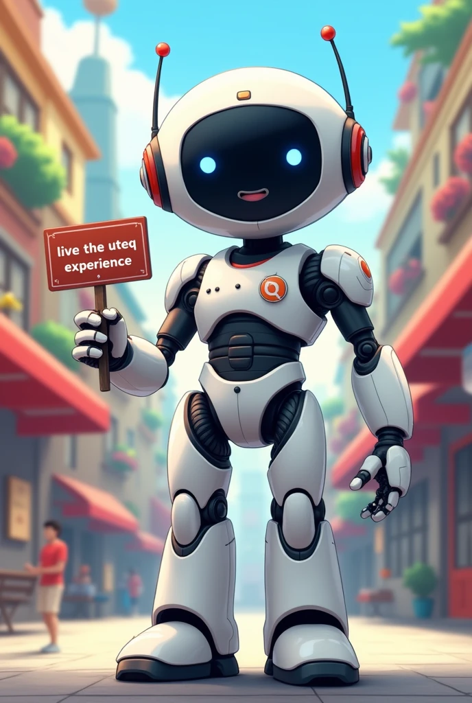 HELLO HELP ME CREATE A TALL, NICE, YOUNG, AND VERY FRIENDLY WHITE ROBOT FOR TEENAGERS BETWEEN 17-2, BUT MAKE IT MORE ANIME, LIKE A CARTOON,
PERFECT NOW THAT SAME ROBOT MAKE IT WAVY WITH ITS HAND NOW WITH A SIGN THAT SAYS "LIVE THE UTEQ EXPERIENCE" in Spanish