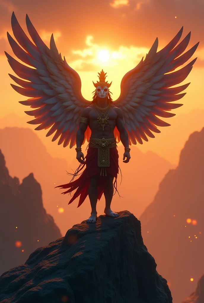 cinematic animated character art, Silhouette of a man dressed as Garuda standing on the edge of mountain cliff, wearing white marble bird mask, muscular physique, red and gold dhoti, bird wings, wearing indian golden crown, glowing particles in atmosphere, golden hour, darkness in atmosphere, mysterious vibe, colour graded, vibrant, 4khd