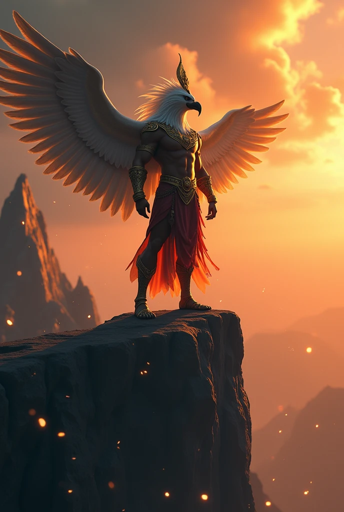 cinematic animated character art, Silhouette of a man dressed as Garuda standing on the edge of mountain cliff, wearing white marble bird mask, muscular physique, red and gold dhoti, bird wings, wearing indian golden crown, glowing particles in atmosphere, golden hour, darkness in atmosphere, mysterious vibe, colour graded, vibrant, 4khd