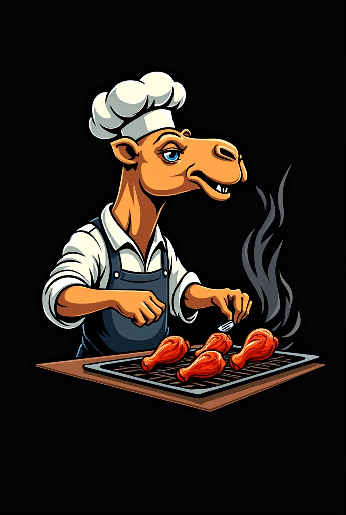 LOGO WITH EYE-CATCHING BLACK BACKGROUND OF A CAMEL CHEFF PREPARING BBQ WINGS