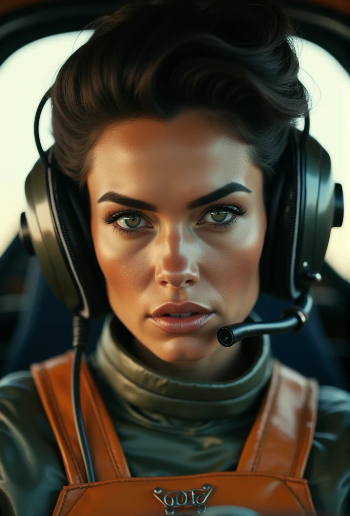 a close up of a woman in a helmet and a helmet on, 2 0 2 1 cinematic 4 k framegrab, barbarella, by Anna Katharina Block, fighter pilot in the pit, moody : : wes anderson, retro photography, furious gorgeous woman, sixties, faster, awarded on cgsociety, pompadour, nascar, 2015 cinematography