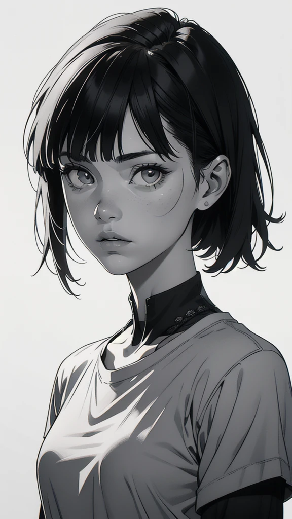 1 boyish girl, solo, sharp eyes, expressionless, monochrome, greyscale, short black hair, portrait, white T-shirt, closed mouth, looking at viewer, graphite \(medium\), detailed lips, hatching \(texture\), without makeup, bangs, upper body, (best illustration), (best quality), (very detailed), (masterpiece), expressionless,