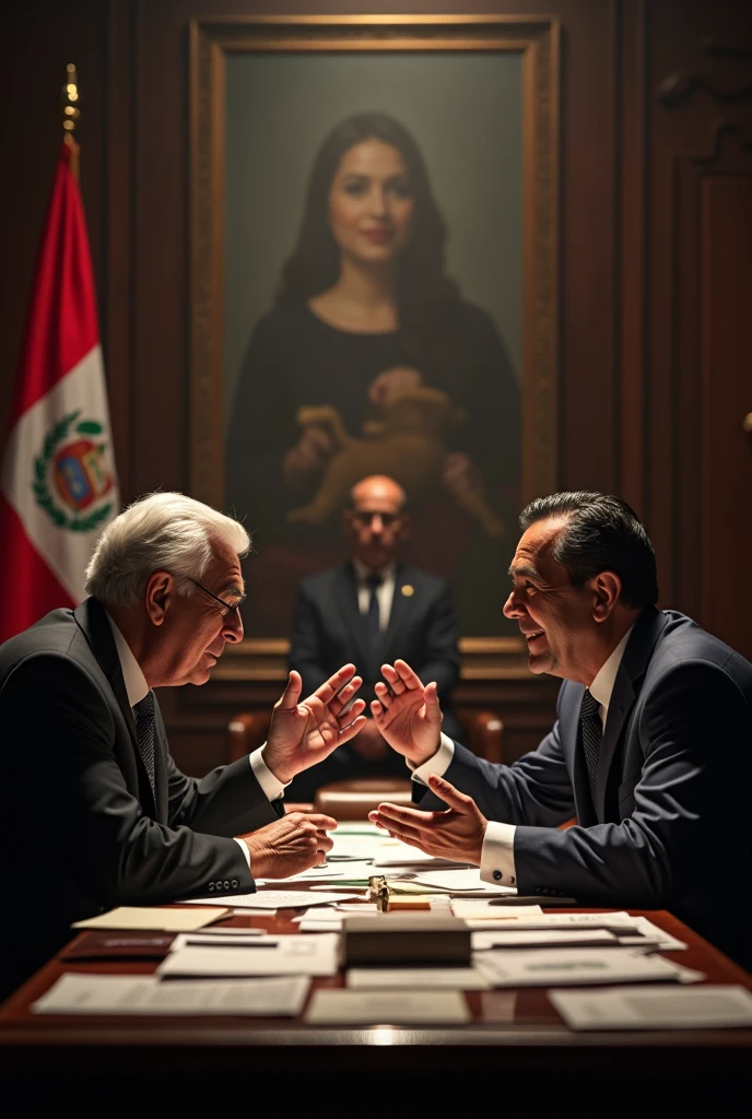 Jose de la Mar and Fernando Tangle sitting at a table full of papers having a dispute over who will take over as President of Peru