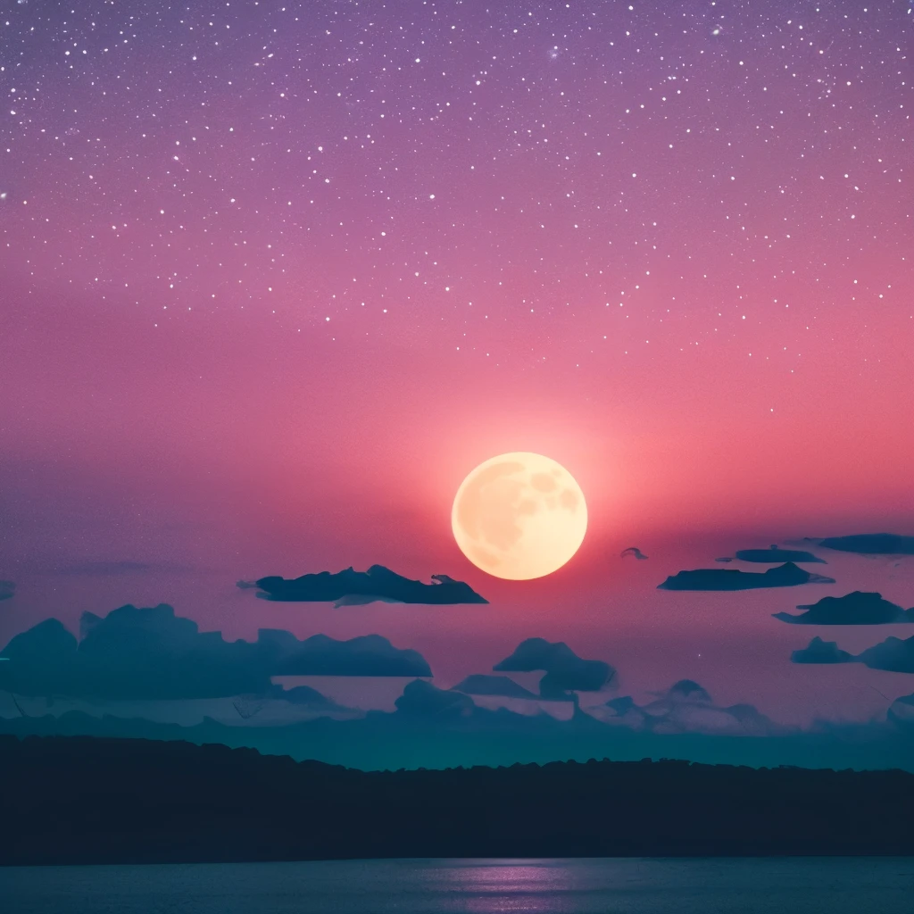 a pink moon in the sky with clouds and stars, pink moon, ☁🌪🌙👩🏾, giant pink full moon, ✨🕌🌙, heaven pink, pink skies, beautiful as the moon, pink clouds, the sky is pink, moon in the sky, ❤🔥🍄🌪, pink sky, dreamy ethereal vibe